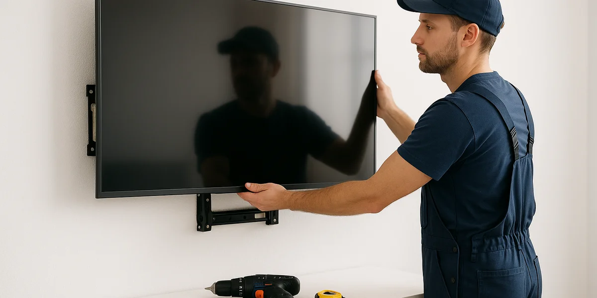 Montaj televizor 4K pe perete in living modern - pozitionare corecta la nivelul ochilor